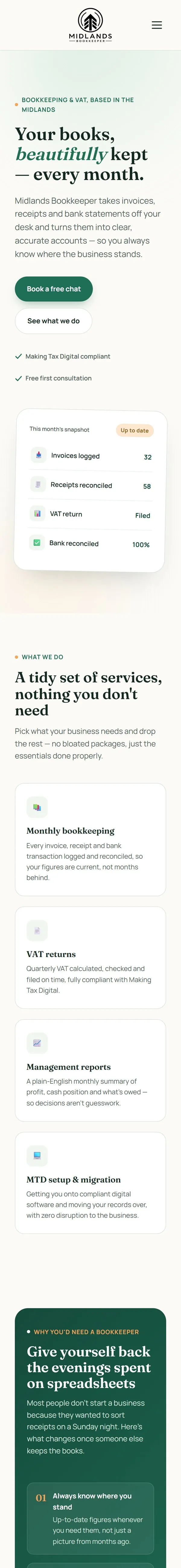 Midlands Bookkeeper website on a phone