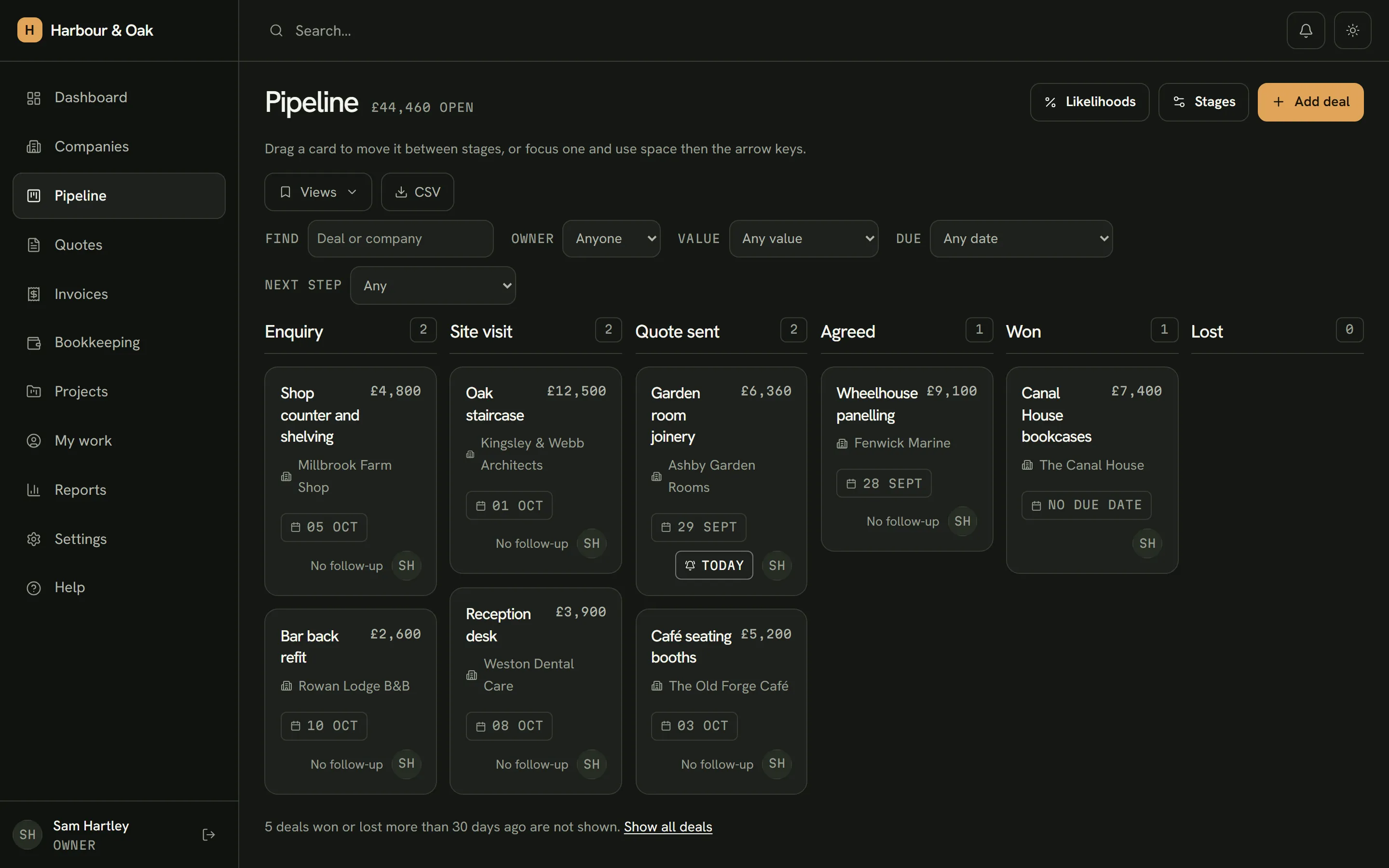 The pipeline: deals for a joinery business in columns from Enquiry to Won, each with its value, client and follow-up date.