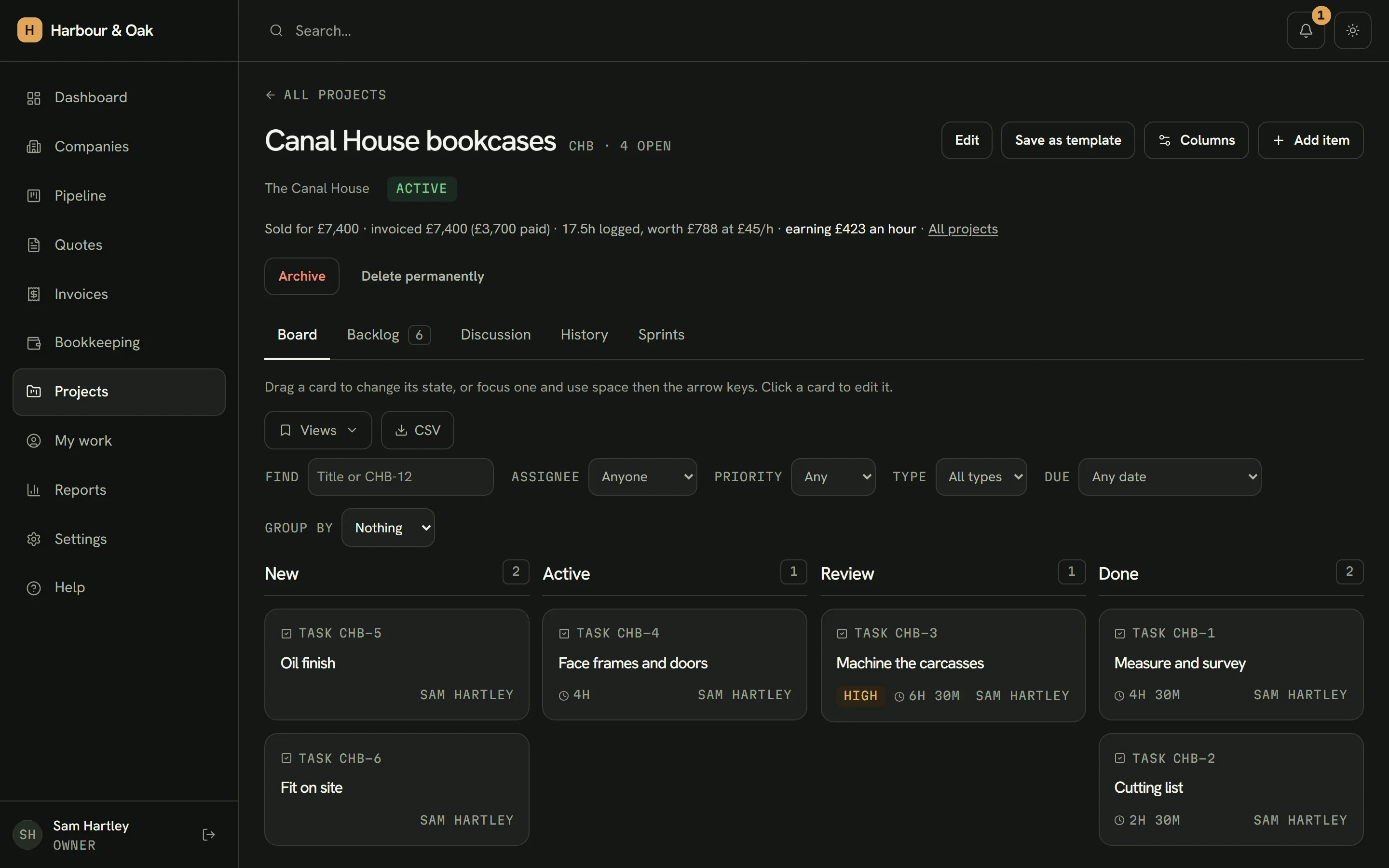 A project board for Canal House bookcases, with tasks in New, Active, Review and Done, hours logged on each, and what the job has earned so far.